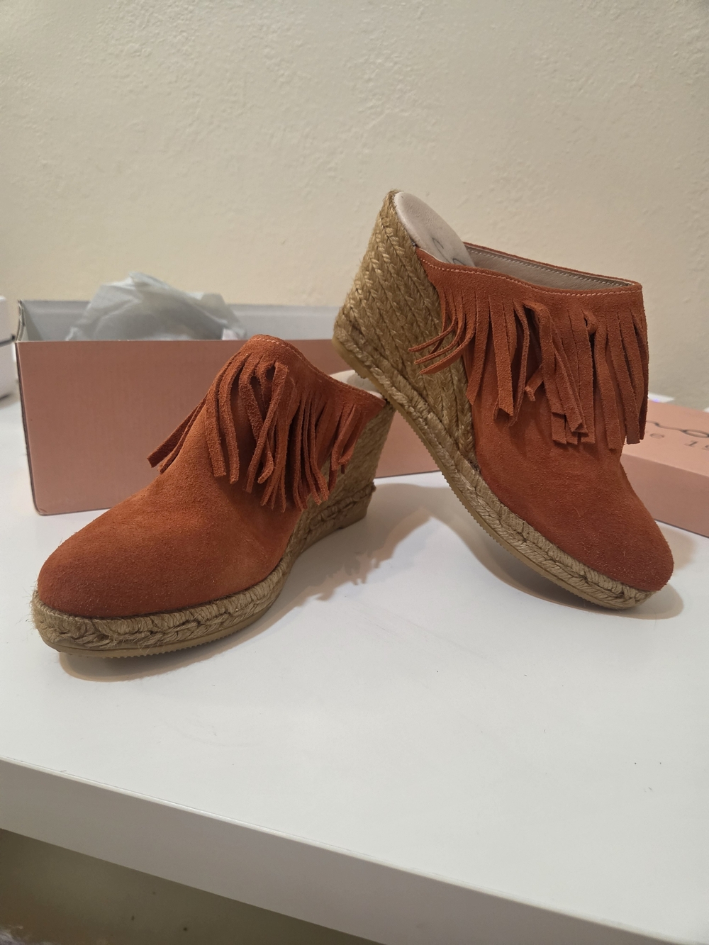Gaimo Wedge Espadrille Mules with Fringe in Burnt Orange - Handmade